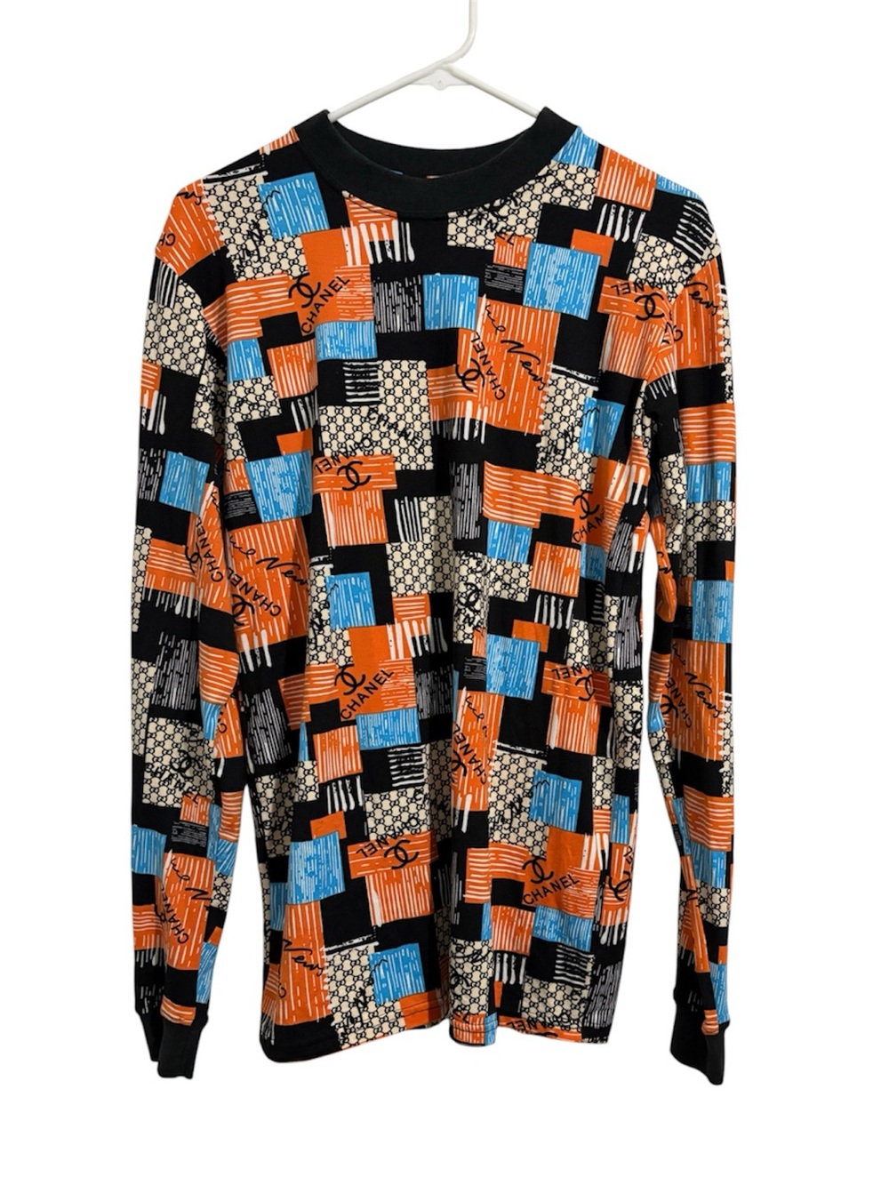 Black Long Sleeve Tee with Orange & Blue Patchwork Print